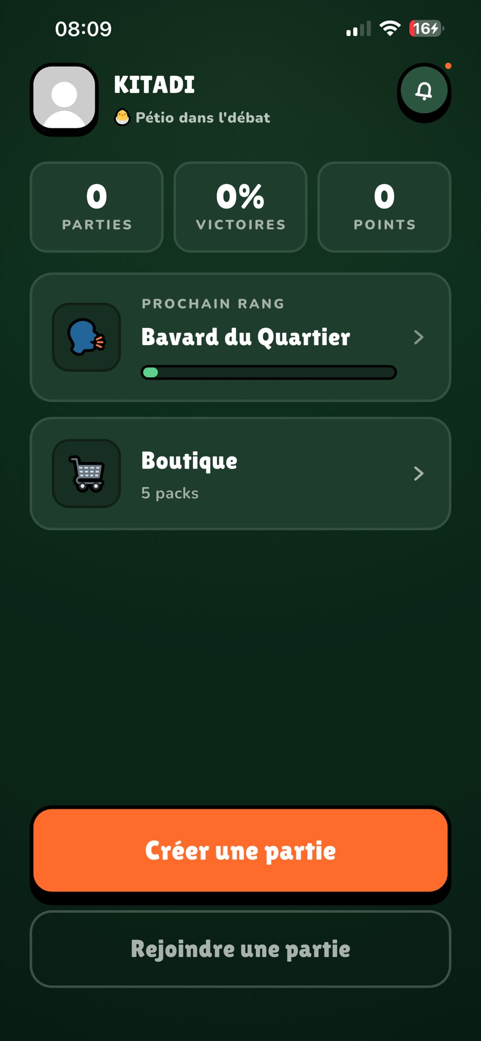 Écran d'accueil de l'application KITADI